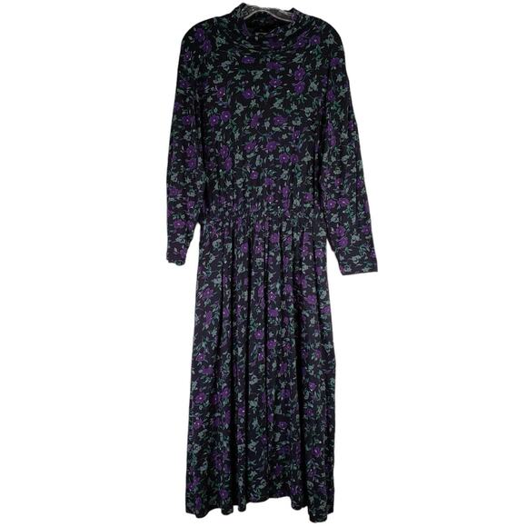 LL Bean Maxi Dress Modest Womens Size Large Floral Black Cotton Farmhouse - Picture 2 of 9